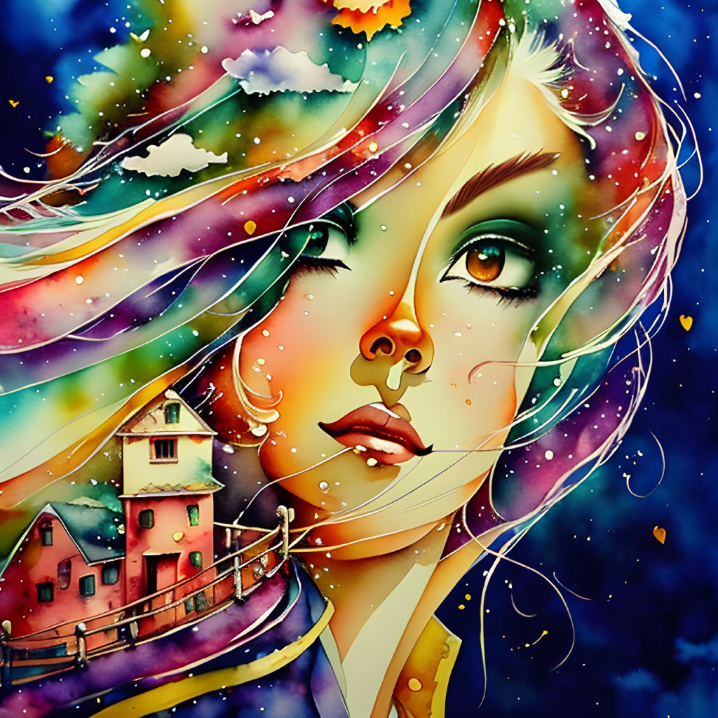 Colorful watercolor portrait of woman with flowing hair in whimsical scene