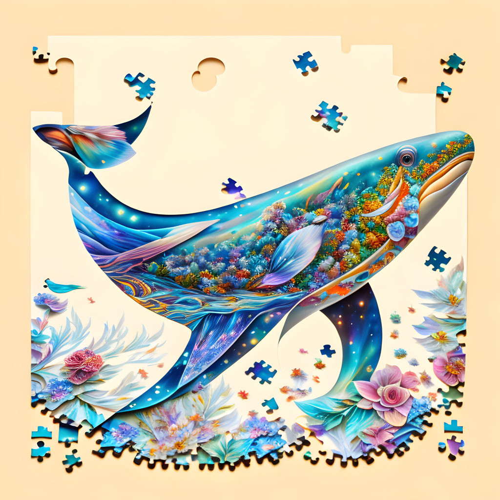 Colorful Whale Puzzle with Floral and Ornamental Patterns on Peach Background