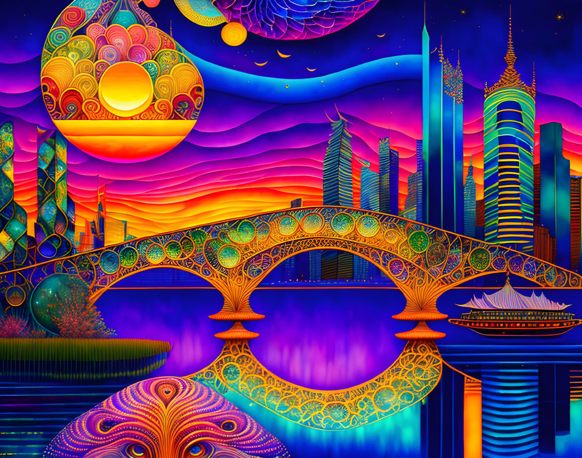 Colorful Psychedelic Artwork with Bridge, Buildings, and Celestial Bodies