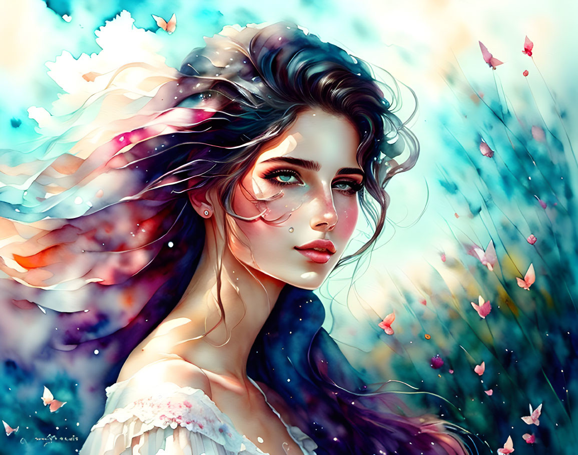 Woman with Flowing Hair Surrounded by Butterflies and Petals