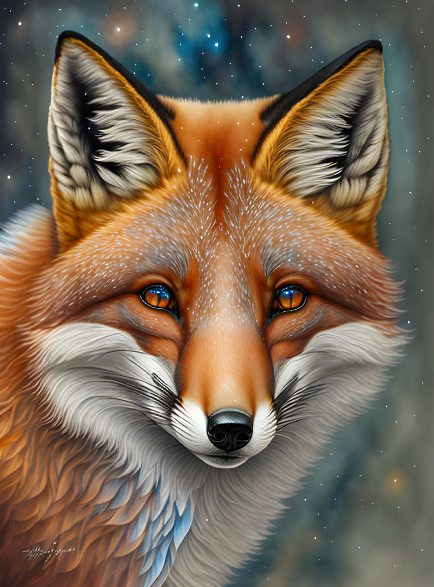 Detailed Fox Face Illustration with Vibrant Orange Fur & Blue Eyes