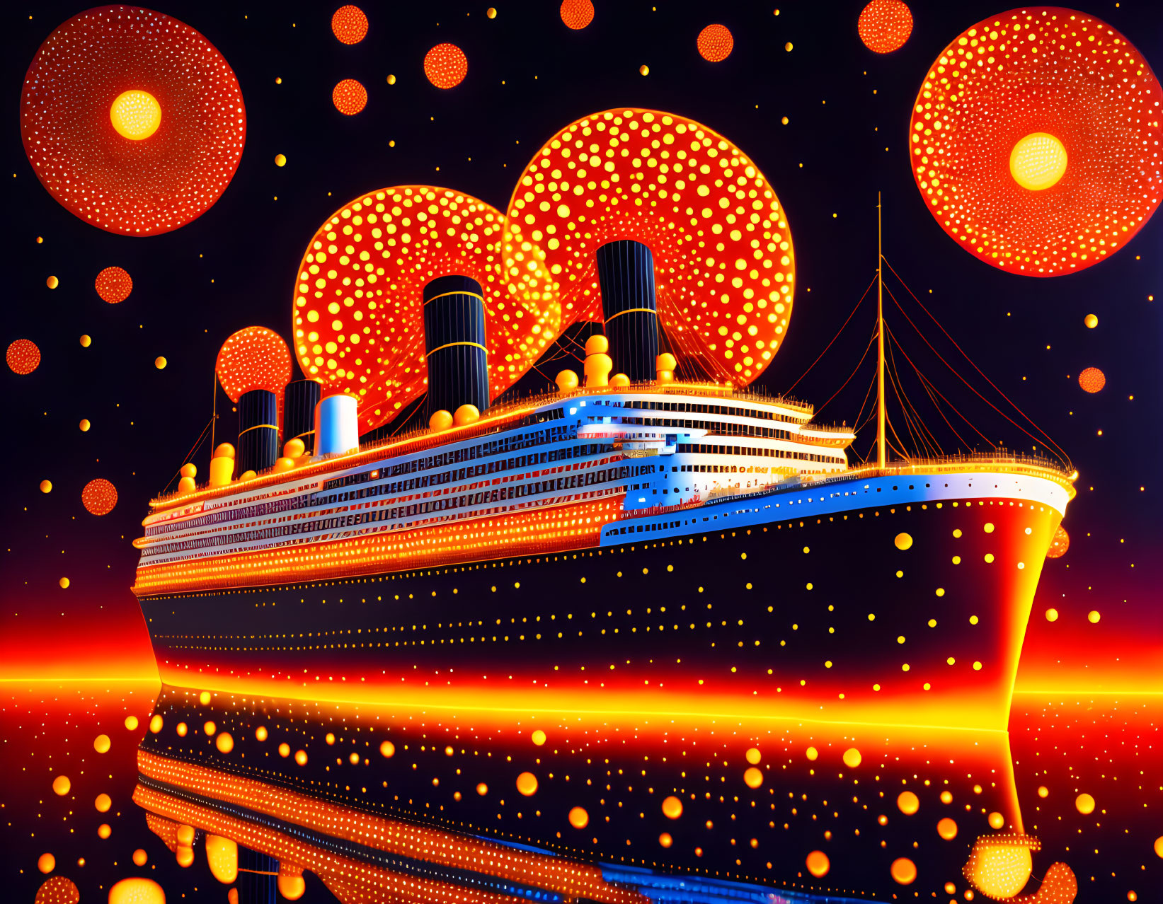 Large cruise ship illustration on neon sea with abstract night sky.