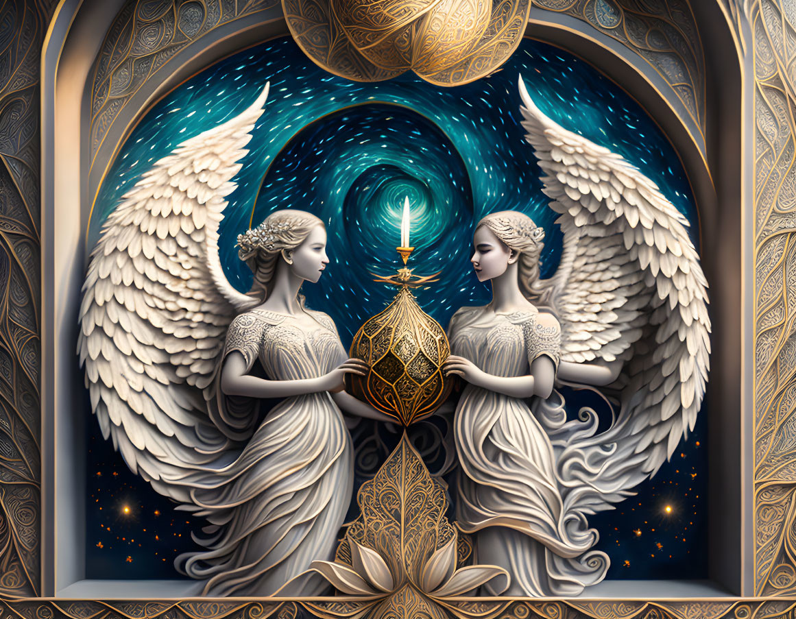 Symmetrical angelic figures with glowing lantern and celestial patterns