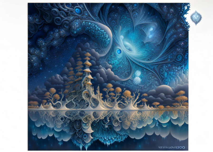 Fantastical landscape painting: Treehouse above serene water, cosmic designs