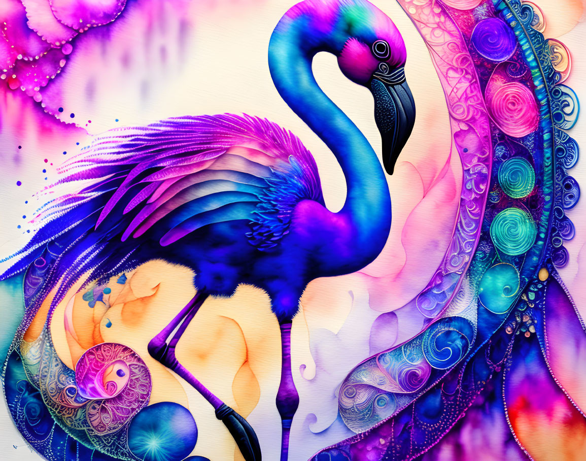 Colorful purple flamingo in abstract floral and paisley pattern background.