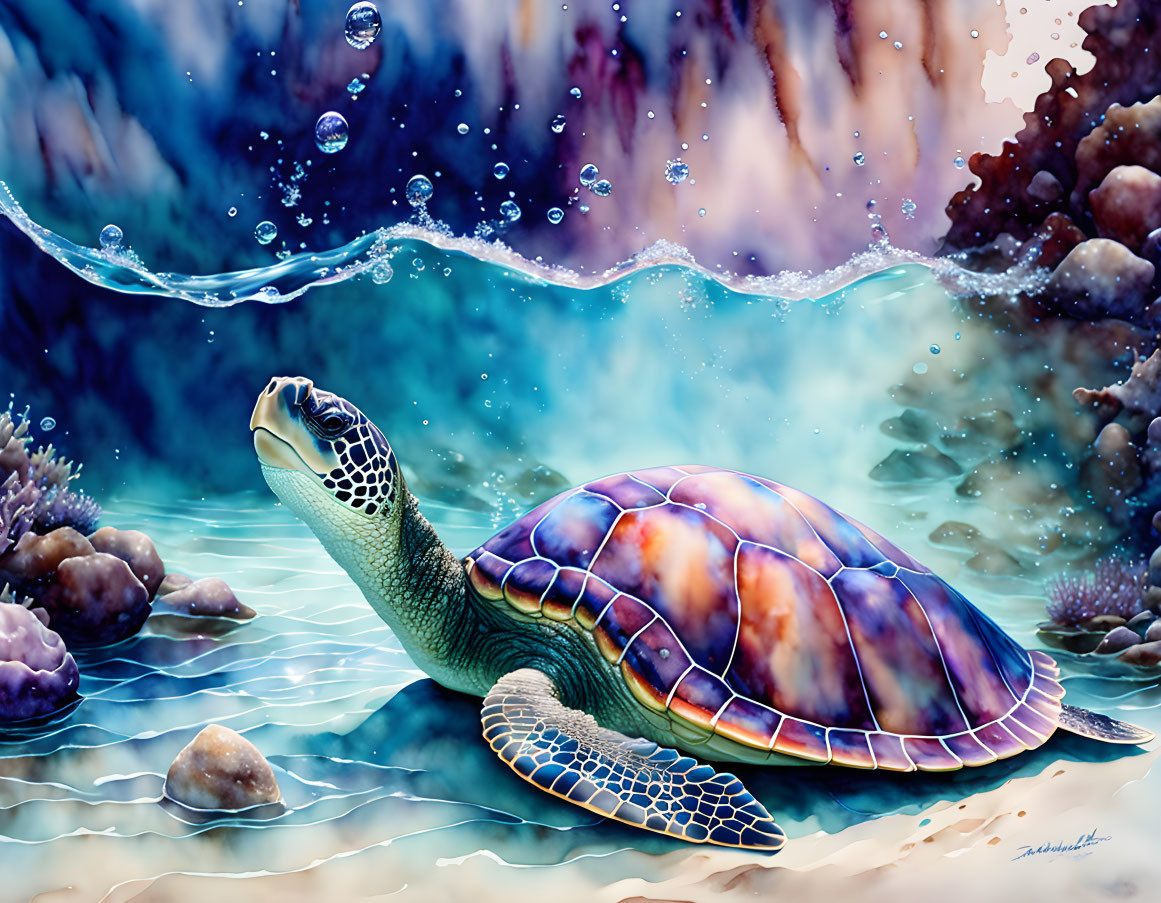 Colorful Sea Turtle Swimming Among Ocean Floor Elements