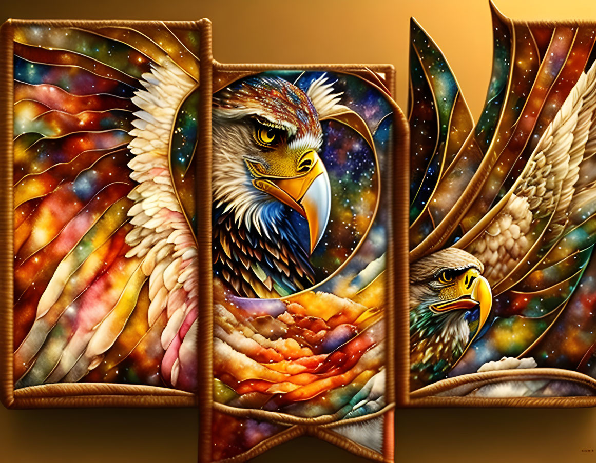 Colorful Eagle Triptych Art with Cosmic Background