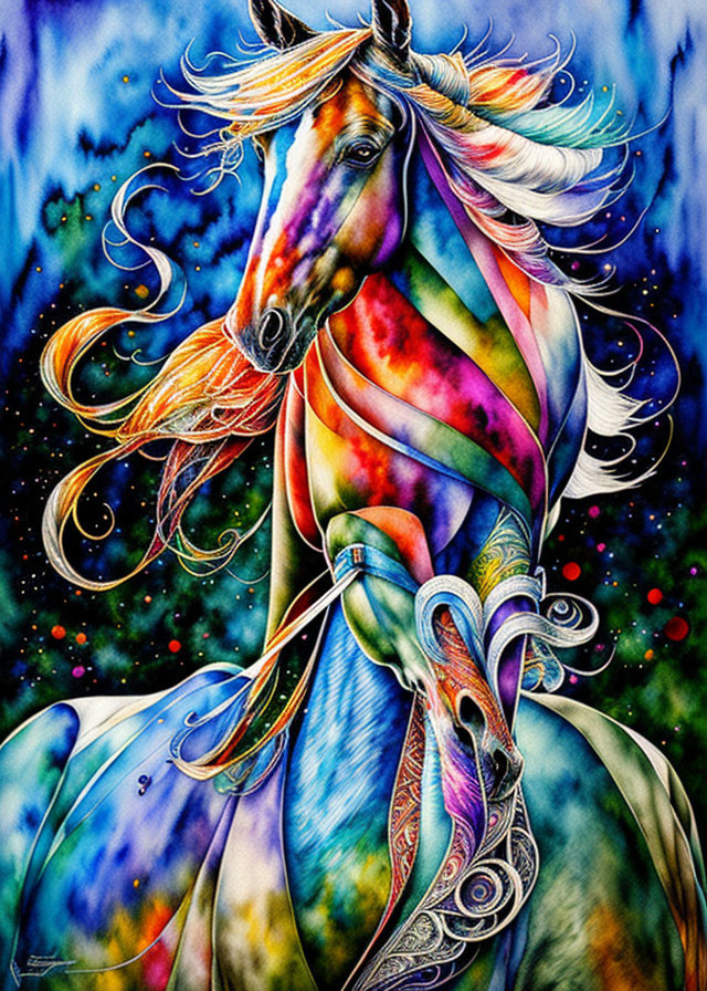 Colorful Horse Artwork with Flowing Mane and Galaxy Background