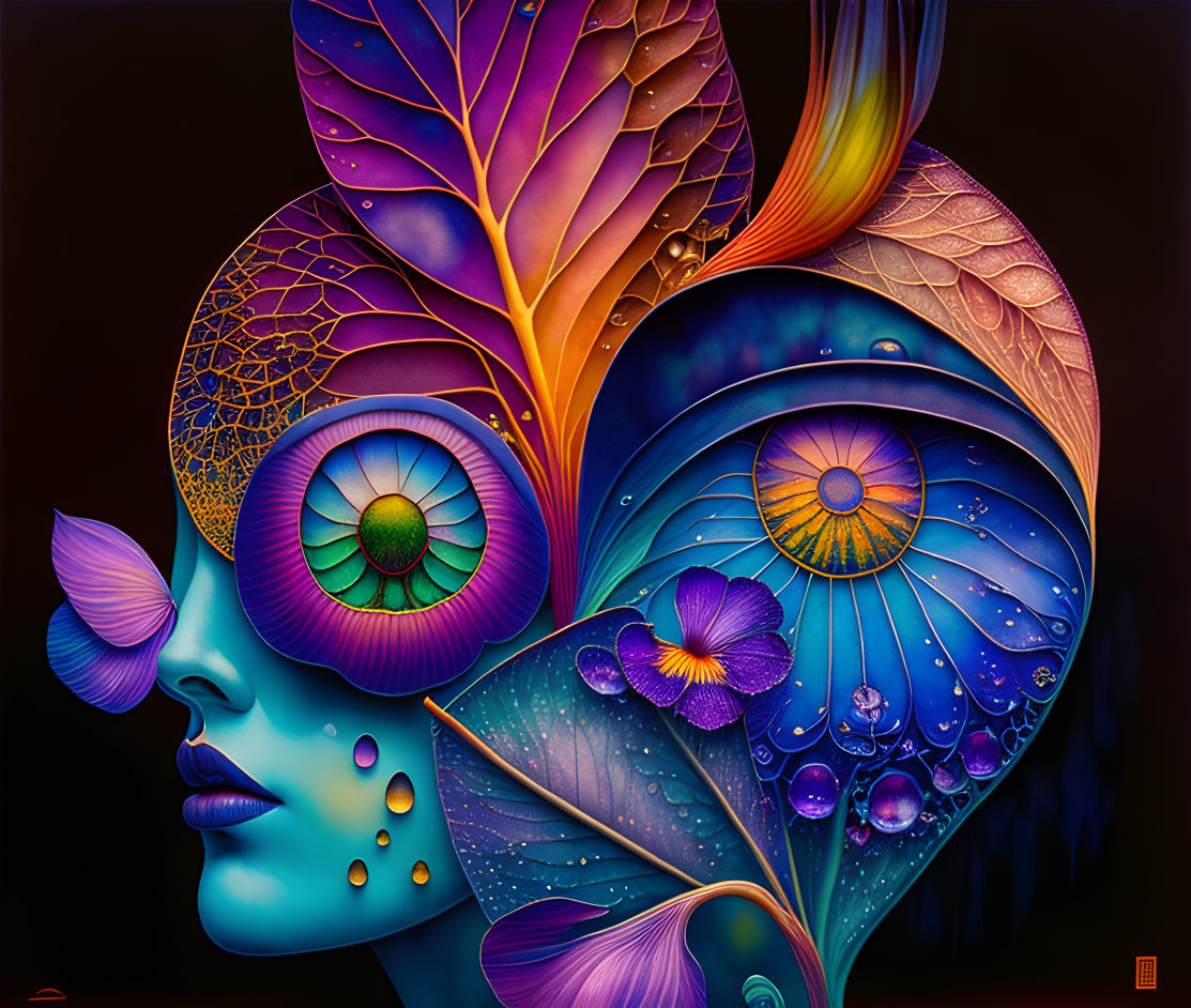 Colorful fantasy art: floral motifs on humanoid face