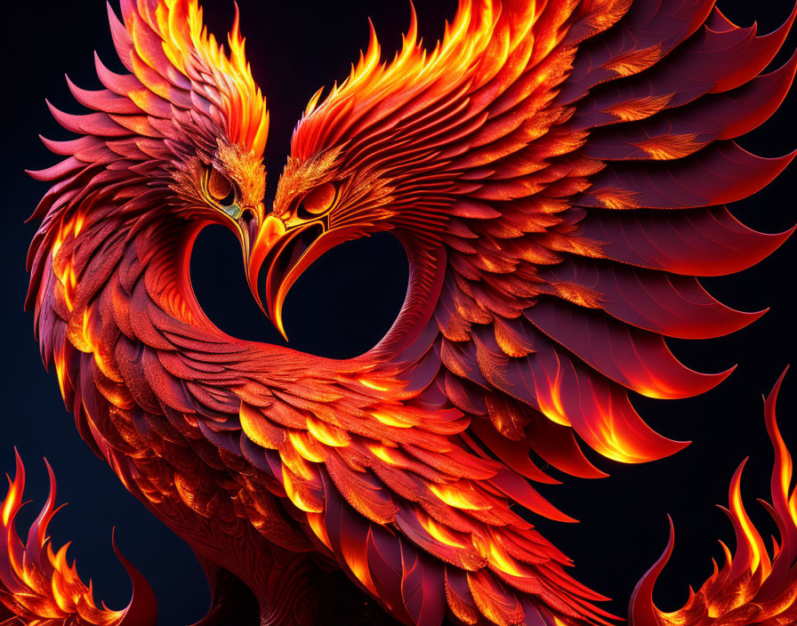 Digital Artwork: Two Phoenixes in Fiery Heart Shape