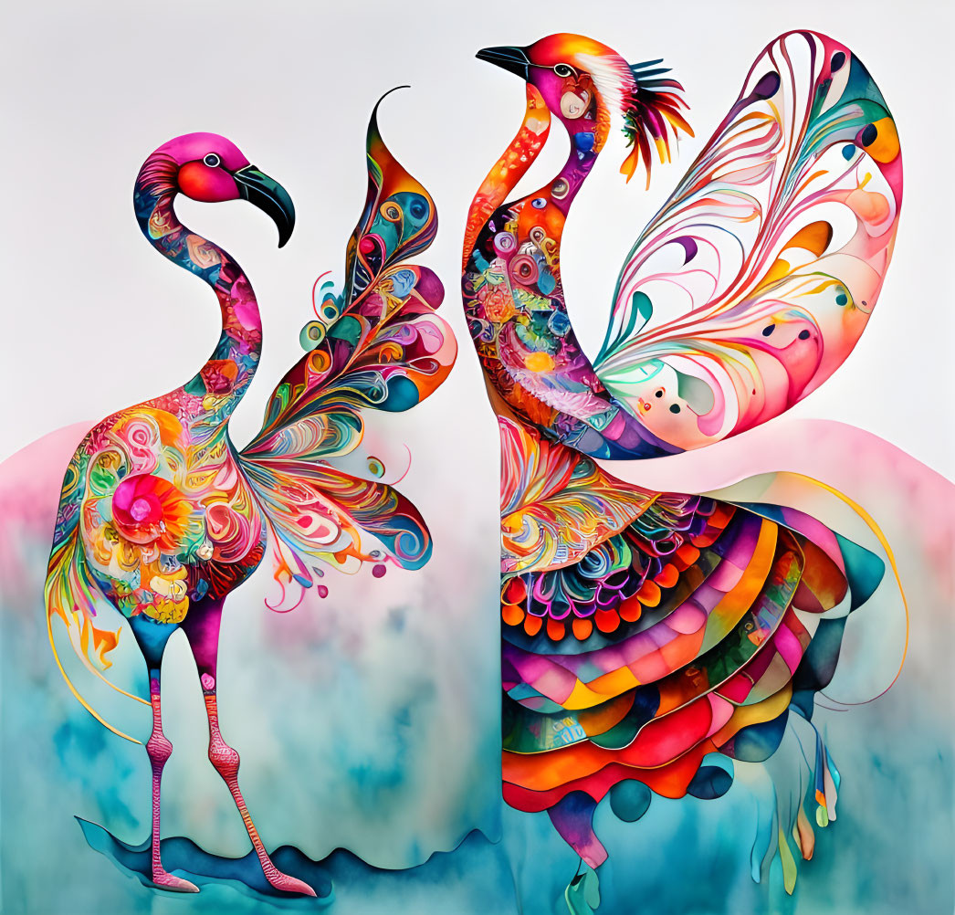 Colorful Stylized Birds with Elaborate Patterns in Whimsical Artistic Style