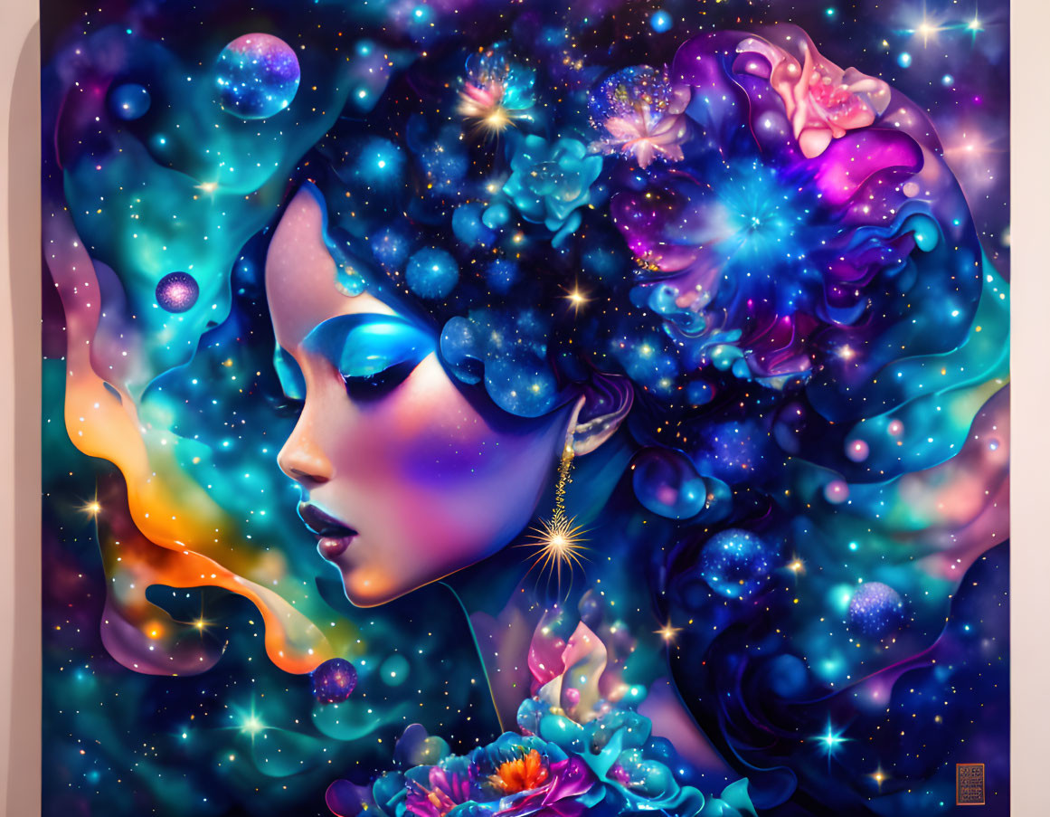 Colorful digital artwork: woman with blue skin, cosmic hair with stars, planets, and nebul