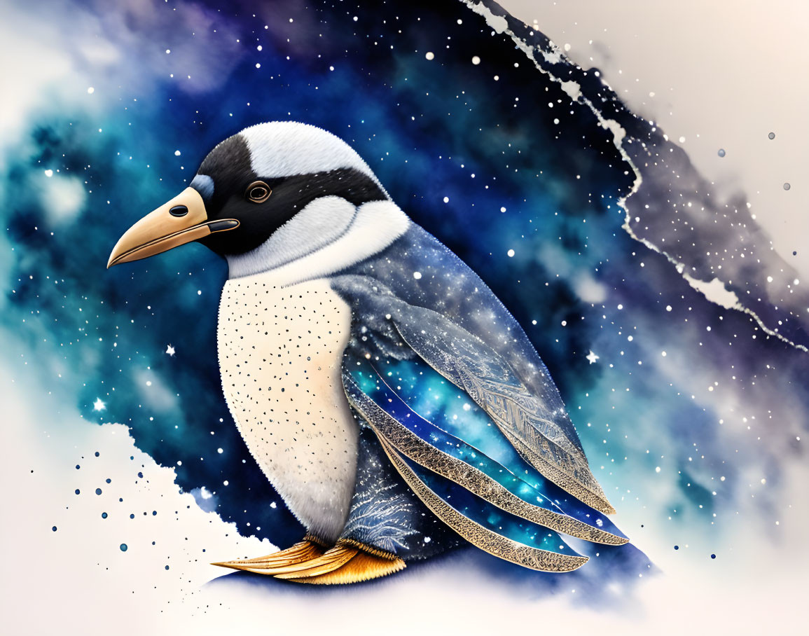 Penguin Illustration with Galaxy-themed Wings in Cosmic Setting