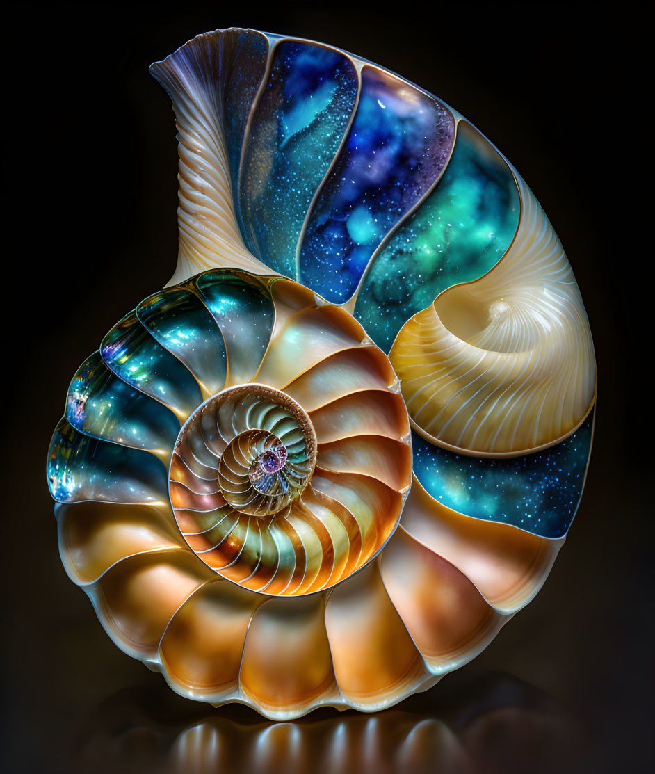 Digitally Enhanced Nautilus Shell with Spiral Patterns and Cosmic Skies