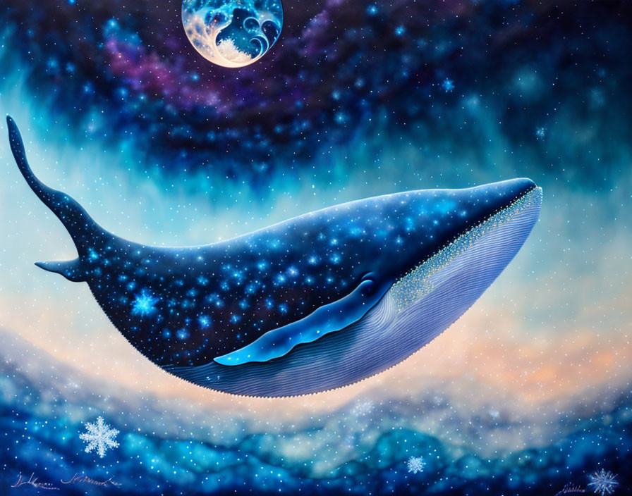 Whale swimming in cosmic sea under starry night sky