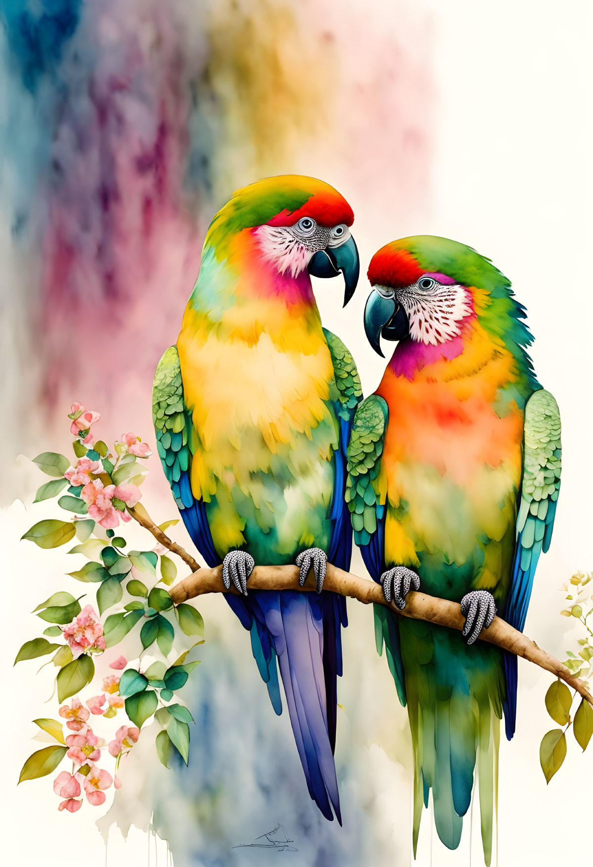 Colorful Parrots Perched on Branch with Smoky Background and Flowers