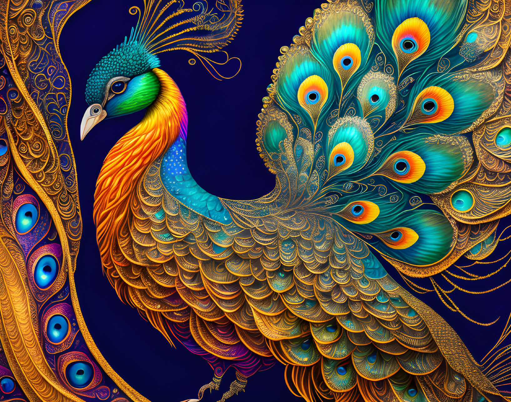 Colorful peacock illustration with ornate plumage on dark blue background