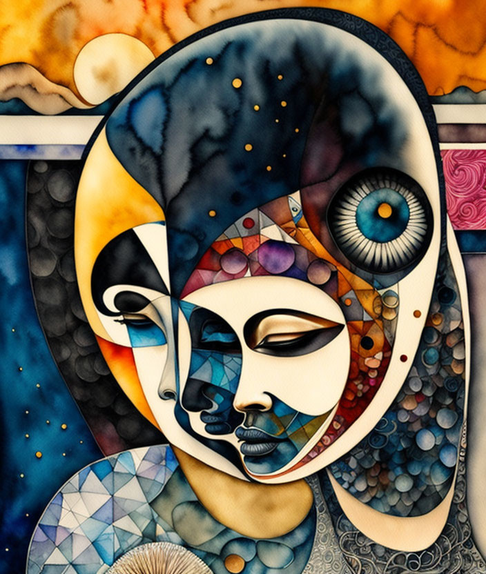 Colorful abstract artwork: Two faces with cosmic theme, vibrant colors, intricate patterns blending natural and celestial