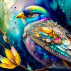 Colorful Bird on Branch with Floating Leaves in Multicolored Scene