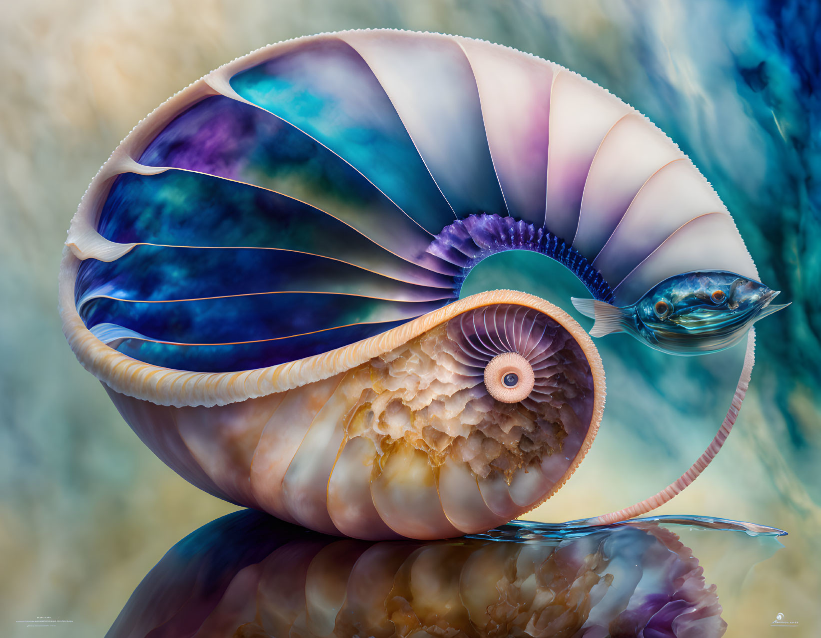 Fantastical nautilus-like creature with iridescent shell and metallic fish head on blurred background