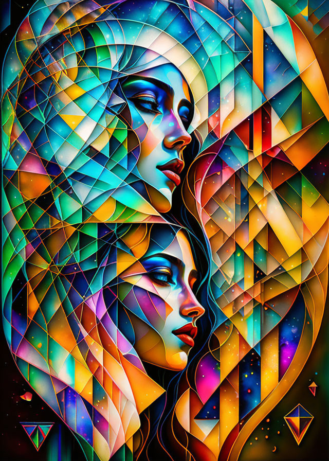 Colorful Abstract Portrait Featuring Geometric Patterns and Cosmic Background