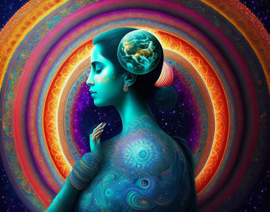 Digital artwork of woman with cosmic background and Earth image.