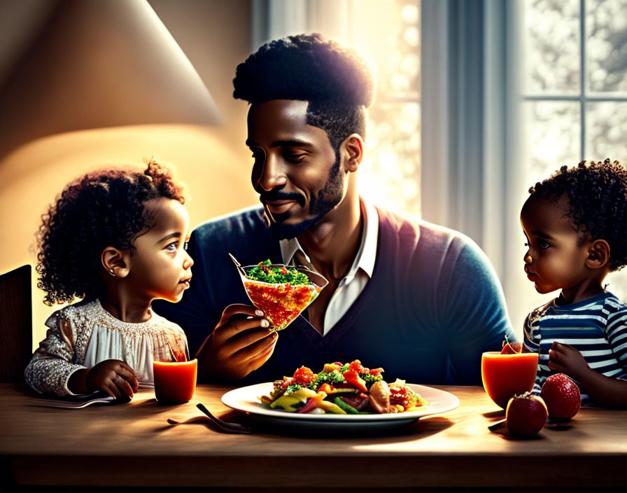 Man smiling at girl with salad bowl, toddler nearby at healthy food table