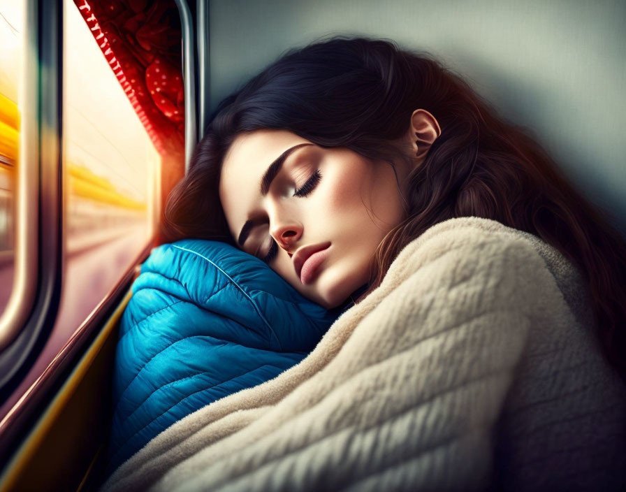 Woman sleeping on train with beige blanket and blue cushion