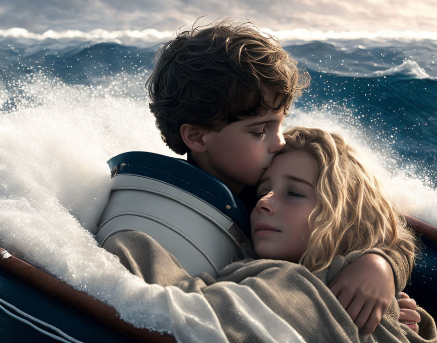 Children embracing in boat amidst stormy sea waves