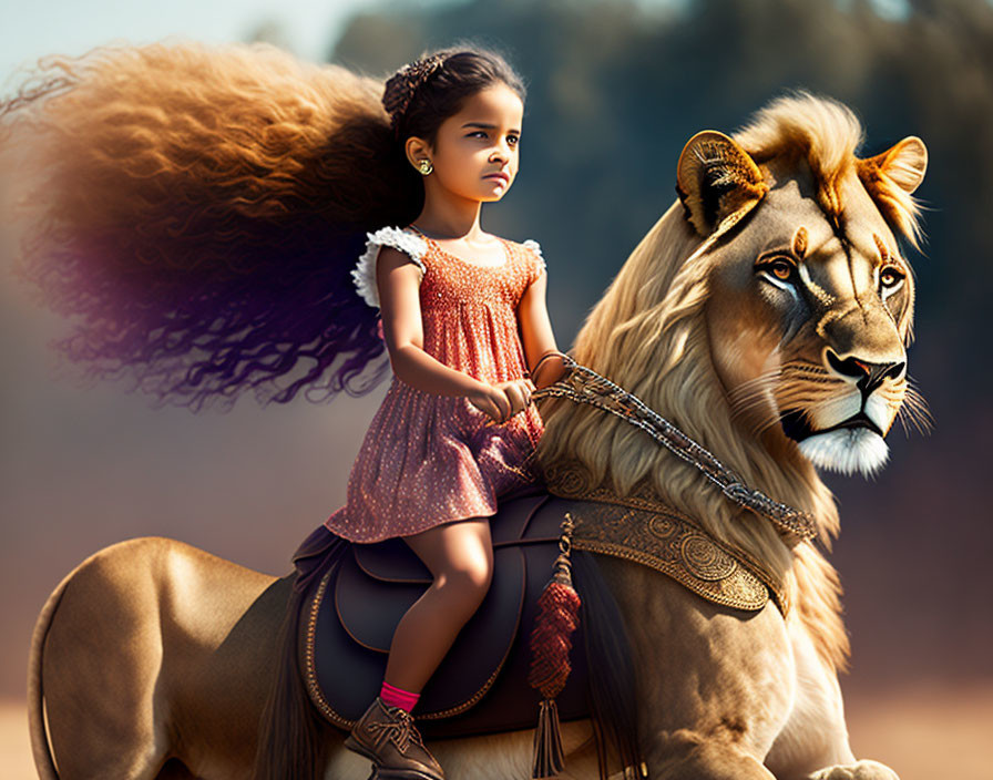 Young girl with elaborate hair riding majestic lion in surreal scene