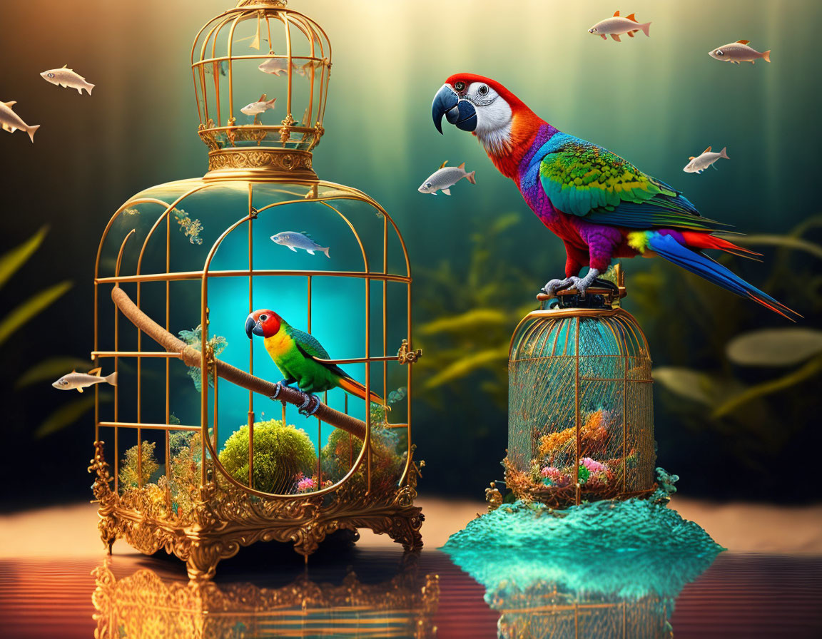 Colorful Parrots in Surreal Underwater Scenes