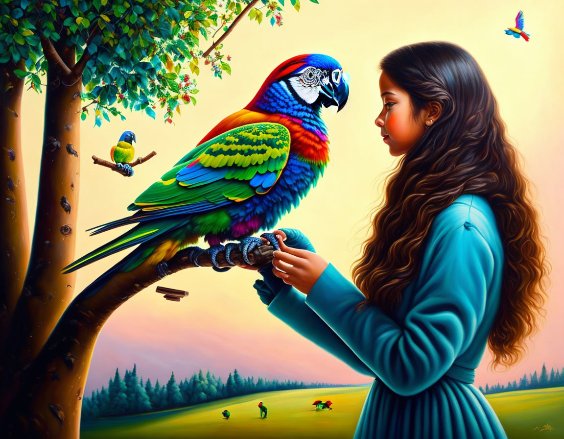 Young girl in teal sweater with colorful parrot in vibrant field