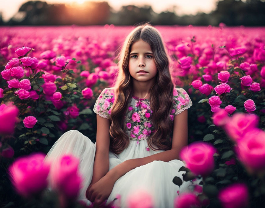 Young girl with long hair in floral dress among pink roses at sunset