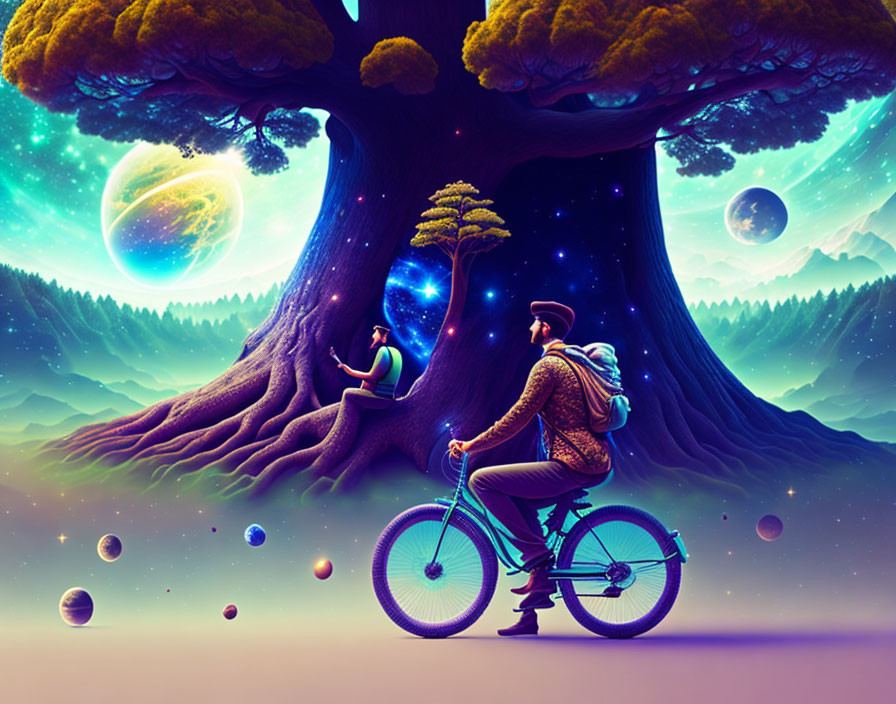 Surreal illustration: person on bicycle with cosmic landscape and tree portal