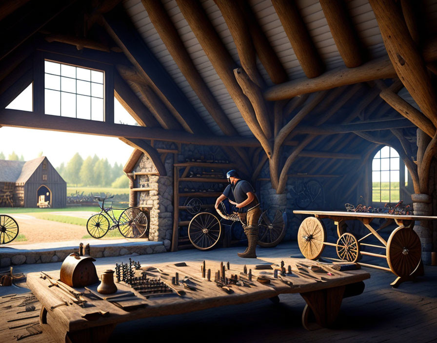 Artisan crafting bicycle wheel in rustic workshop with chessboard and sunny farmyard view.