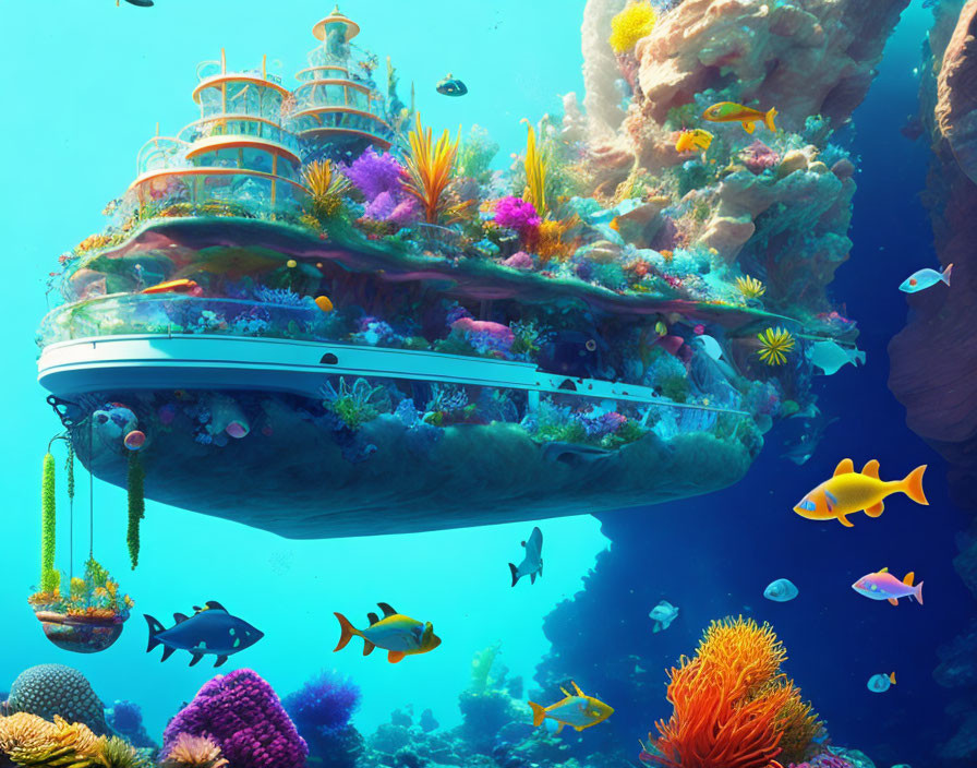 Colorful Marine Life Surrounding Repurposed Ship in Vibrant Underwater Scene