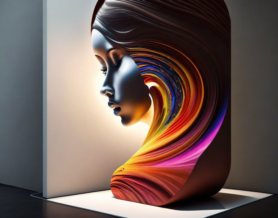 Colorful Stylized Woman Profile Sculpture with Rainbow Hair