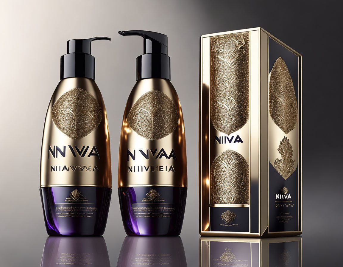 Elegant black and gold body care products on luxurious backdrop