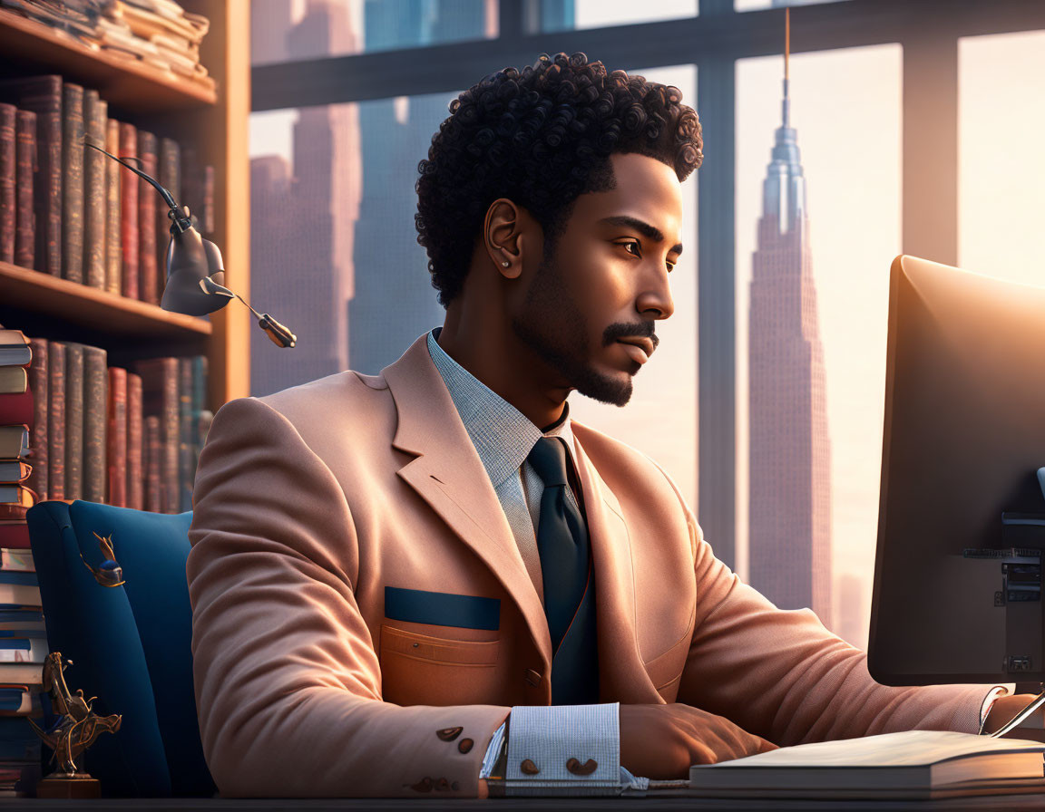 Digital illustration of bearded man at desk with computer in cityscape setting