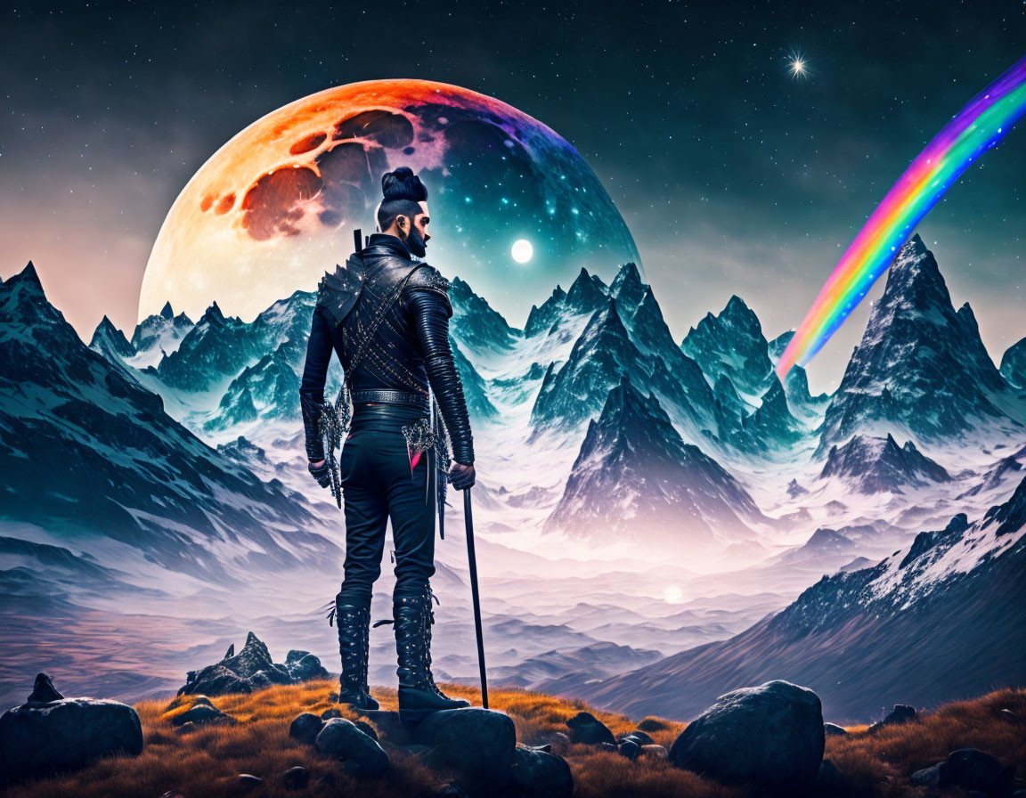 Futuristic warrior in surreal landscape with mountains and rainbow bridge