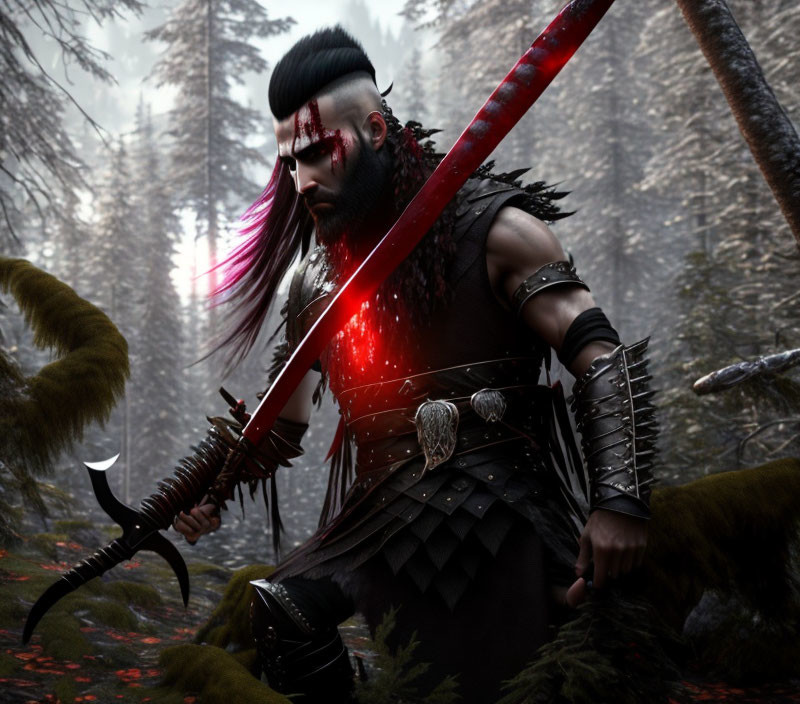 Warrior with red-streaked face wields glowing red sword in mystical forest