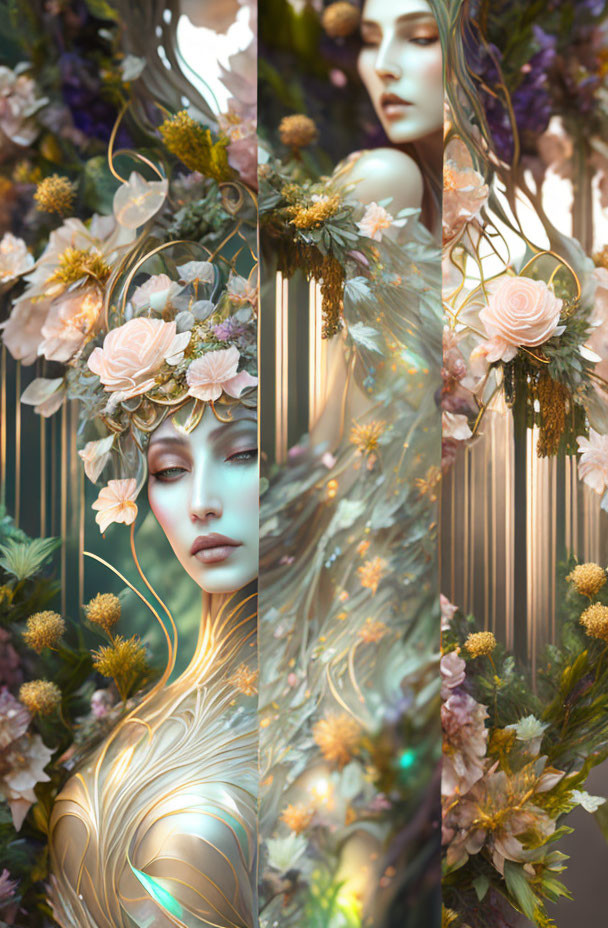 Ethereal woman with flowers and golden accents in nature-inspired setting