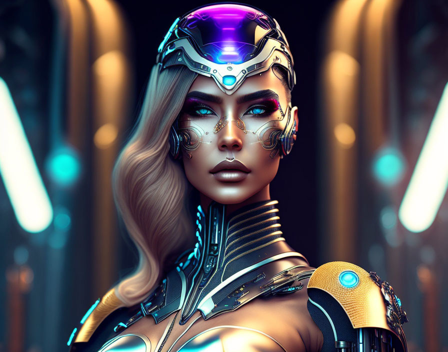 Futuristic female cyborg with helmet and armor in front of glowing pillars