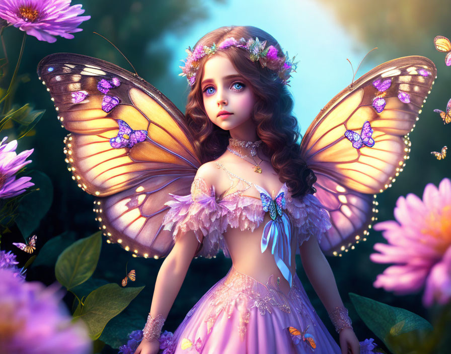 Girl with intricate butterfly wings in vibrant flower garden