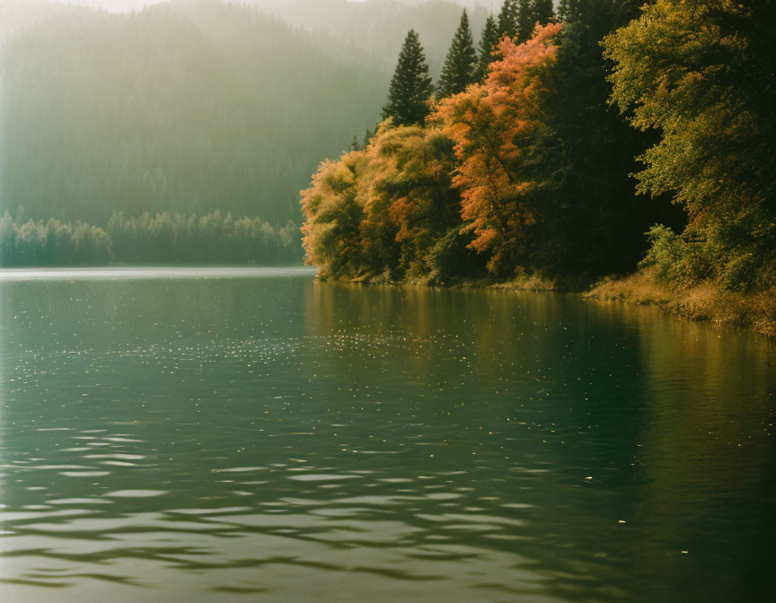 Scenic Autumn Lake with Hazy Mountain View