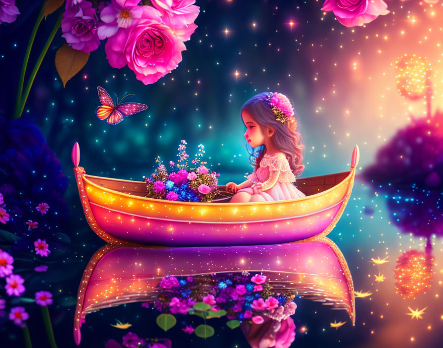 Illustration of girl in glowing boat surrounded by vibrant flowers, butterflies, stars