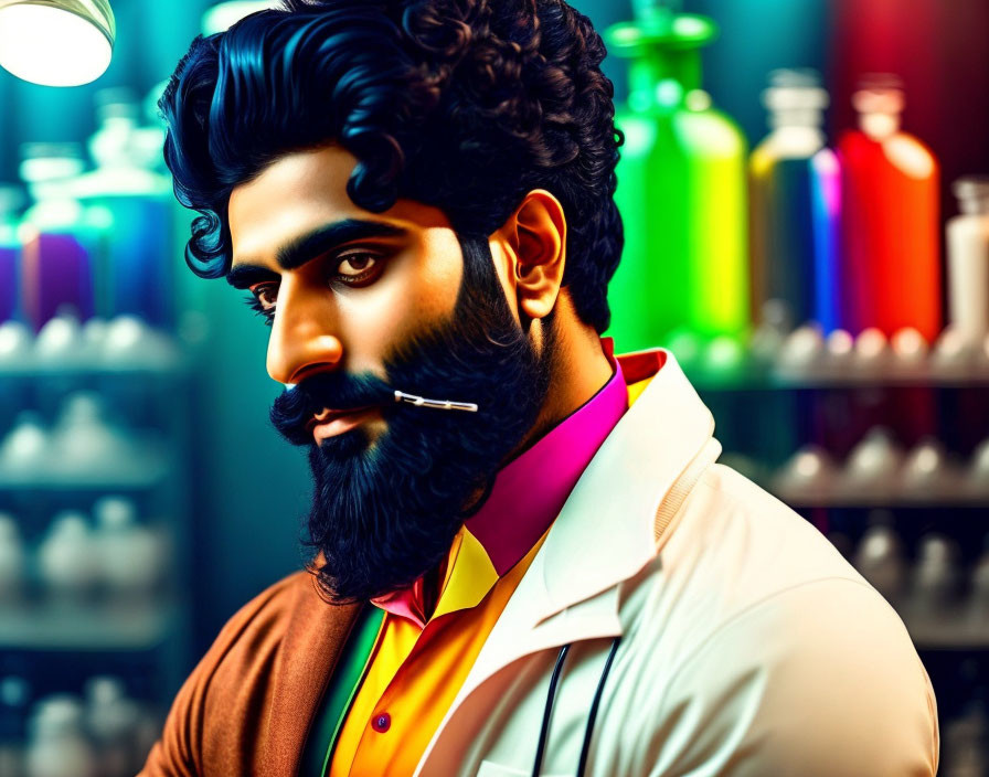 Colorful Attire Man with Beard and Matchstick in Mouth Portrait