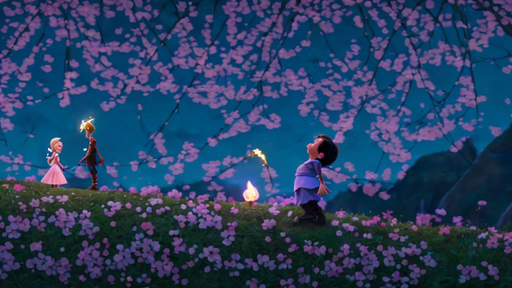 Animated characters under cherry blossoms at night with glowing wand.