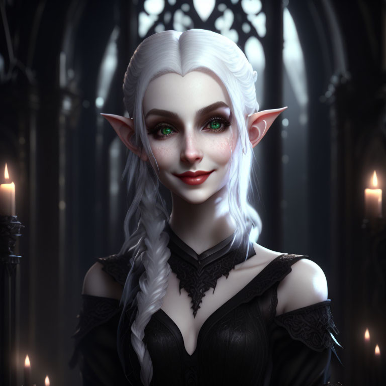 Female elf portrait with white hair, green eyes, and gothic cathedral backdrop