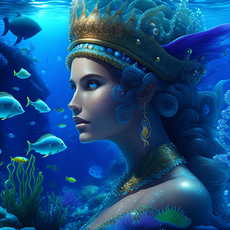 Underwater portrait of woman with crown, fish, marine motifs.